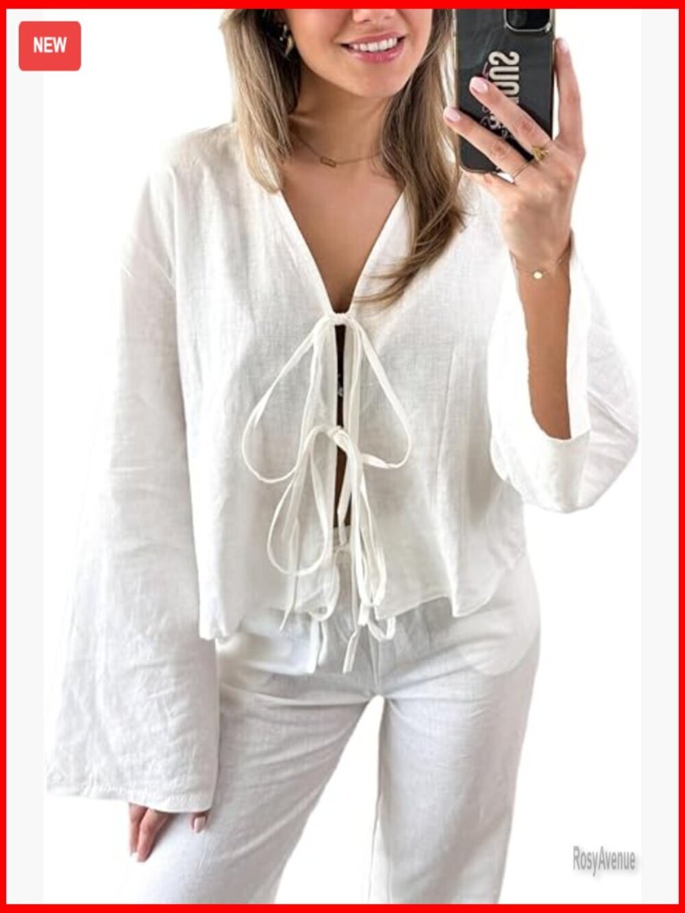 Womens Bow Tie Front Blouse Lace Up V Neck Long Flare Sleeve Cotton Linen